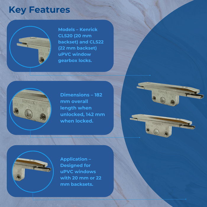 Kenrick CLS20 - CLS22 Upvc Window Gearbox Window Lock 20mm & 22mm Backsets