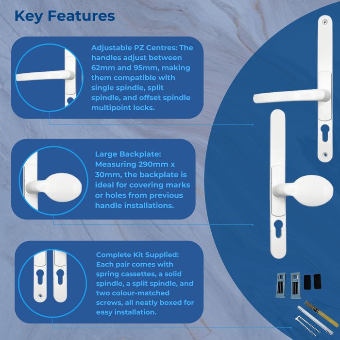 Adjustable UPVC Lever Pad Door Handles – Multipoint, Sprung, 62/95mm PZ, 260mm Screw Centres