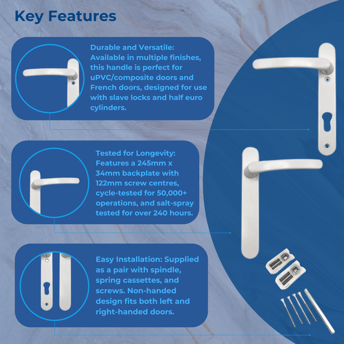 Blank External Lever/Lever uPVC Multipoint Door Handles – 92mm PZ Centres – Sprung Mechanism – 122mm Screw Fixings