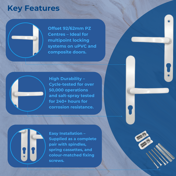 Offset Lever Lever uPVC Multipoint Door Handles – 92mm / 62mm PZ Centres – Sprung Mechanism – 200mm Screw Fixing Centres