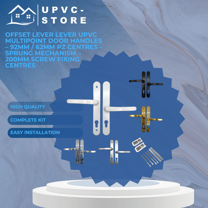Offset Lever Lever uPVC Multipoint Door Handles – 92mm / 62mm PZ Centres – Sprung Mechanism – 200mm Screw Fixing Centres