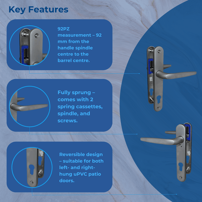 Satin Silver UPVC Double Glazing Trojan Sparta 92PZ Sprung Patio Door Handle Set