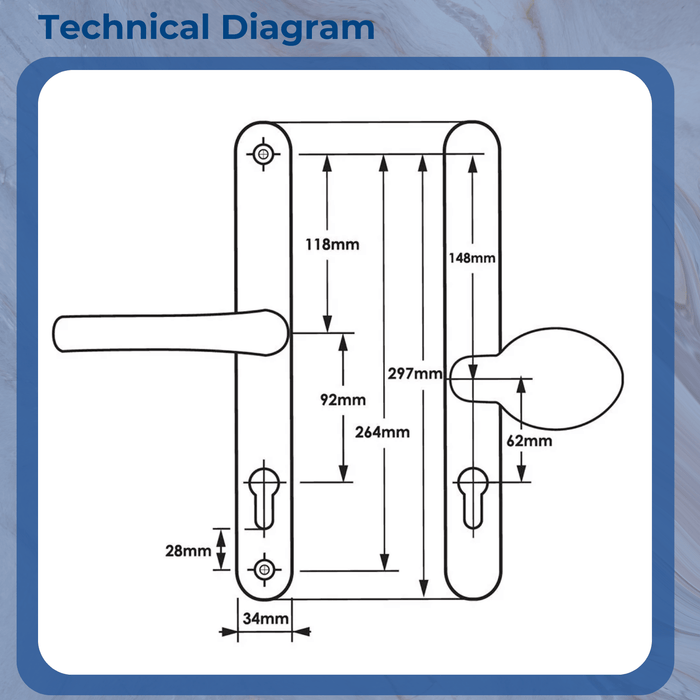 Universal Offset Lever/Pad uPVC Multipoint Door Handles – 92mm/62mm PZ – 264mm Screw Centres – Sprung