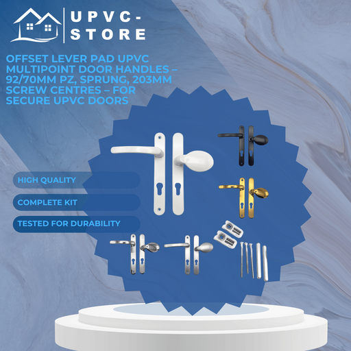 Offset Lever Pad uPVC Multipoint Door Handles – 92/70mm PZ, Sprung, 203mm Screw Centres – For Secure uPVC Doors