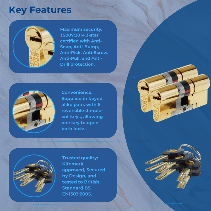 Yale Euro Cylinder Door Lock AS Platinum TS007 3* Star Keyed A Like