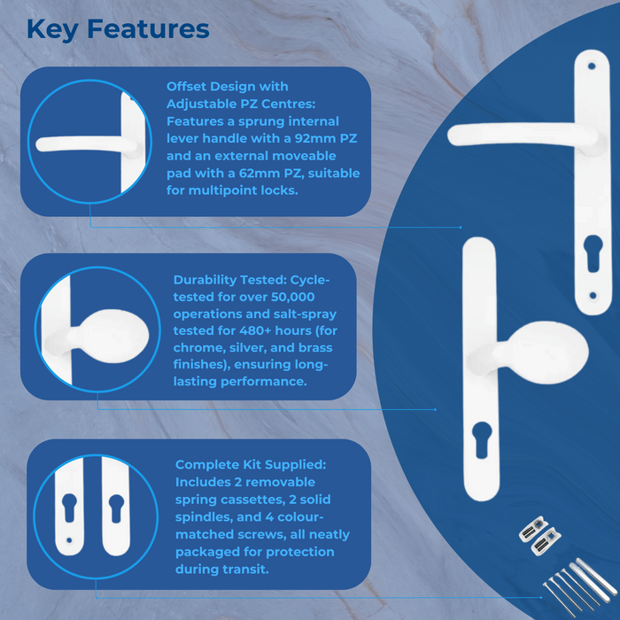 UPVC Multipoint Door Handles – Sprung Lever/Moveable Pad, 92mm/62mm PZ, 212mm Screw Centres