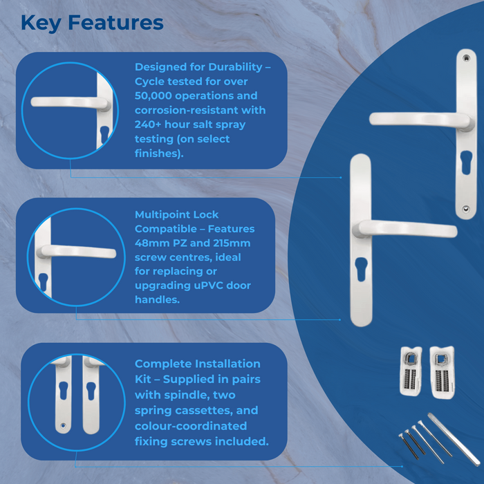 Sprung Lever Lever uPVC Door Handles – 48mm PZ – 215mm Screw Centres – Multipoint Lock Compatible