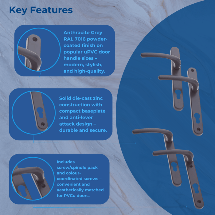 Anthracite Grey RAL 7016 uPVC Door Handle 92PZ Sprung Double Glazing Pair Set Patio PVC Front Lever 92mm