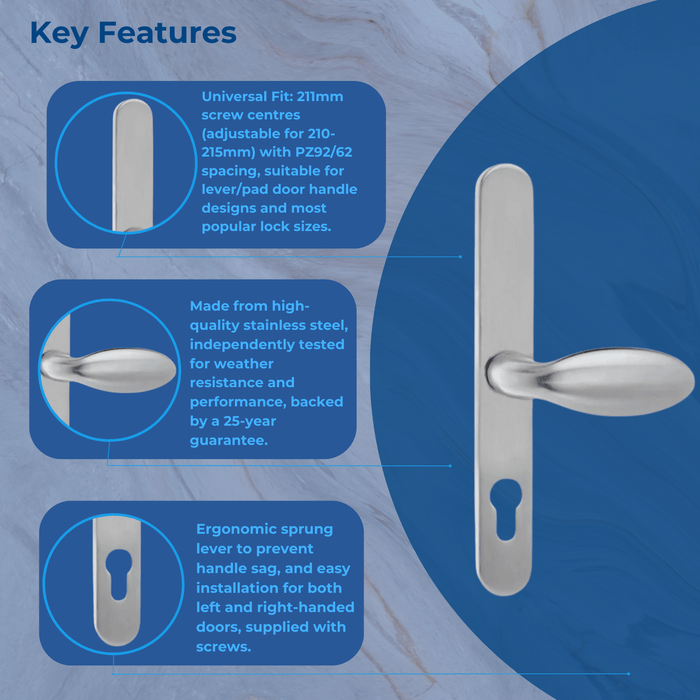 Stainless Steel UPVC Door Handle Lever Pad Offset 92mm/62mm PZ 211mm
