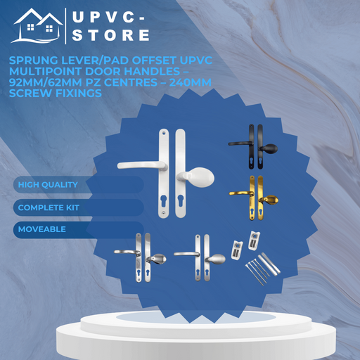 Sprung Lever/Pad Offset uPVC Multipoint Door Handles – 92mm/62mm PZ Centres – 240mm Screw Fixings