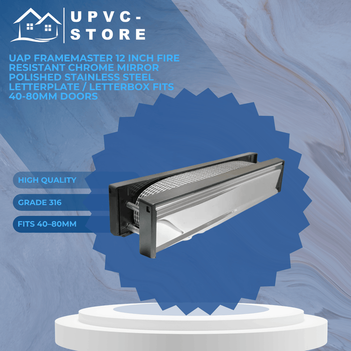 UAP Framemaster 12 Inch Fire Resistant Chrome Mirror Polished Stainless Steel Letterplate / letterbox Fits 40-80mm Doors