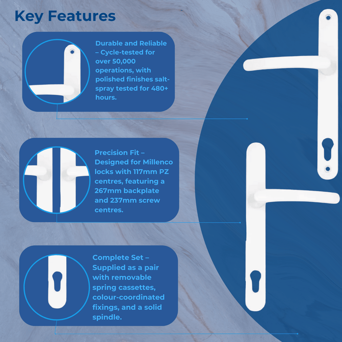 Millenco 117pz Lever Lever UPVC Multipoint Door Handles - 117mm PZ - Sprung - 237mm Screw Centres - 267mm Backplate