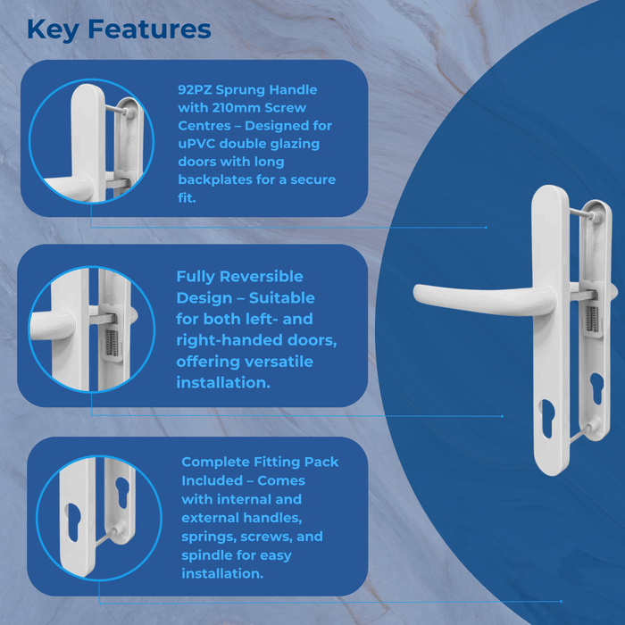 UPVC Double Glazing 92PZ 210mm Screw Centres Sprung Door Handle Set PVC Long Backplate
