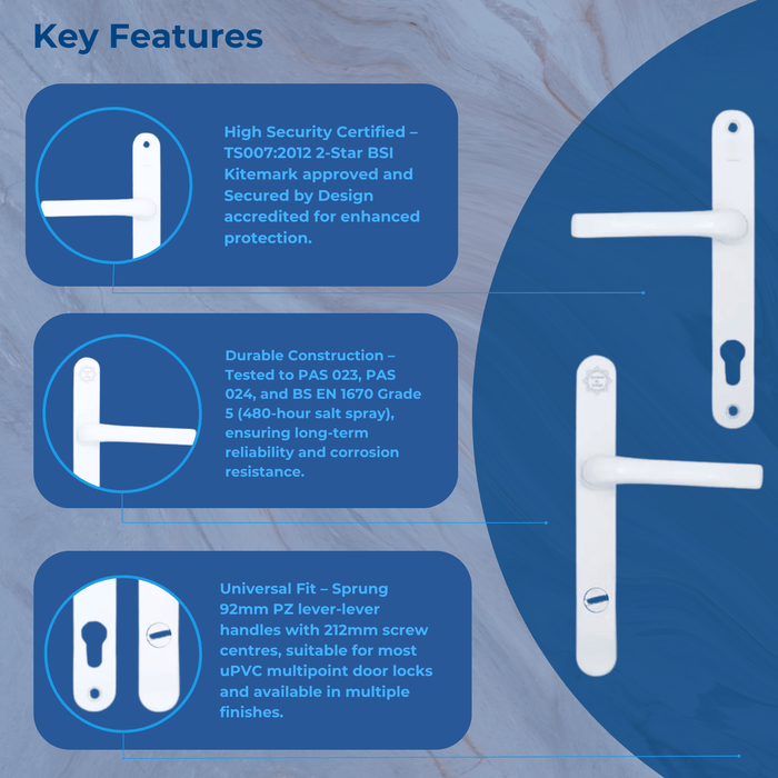 Mila ProSecure TS007 2-Star uPVC Multipoint Door Handles – Sprung Lever Lever, 92mm PZ, 212mm Screw Centres