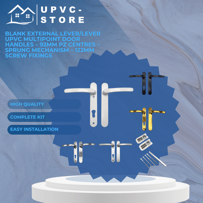 Blank External Lever/Lever uPVC Multipoint Door Handles – 92mm PZ Centres – Sprung Mechanism – 122mm Screw Fixings