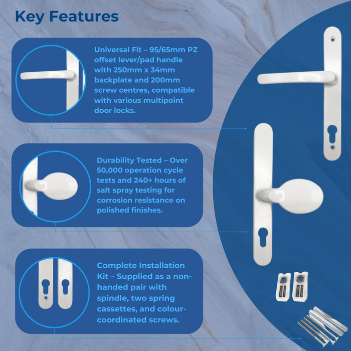 UPVC Offset Lever/Pad Multipoint Door Handles – 95mm/65mm PZ – 200mm Screw Centres – Sprung