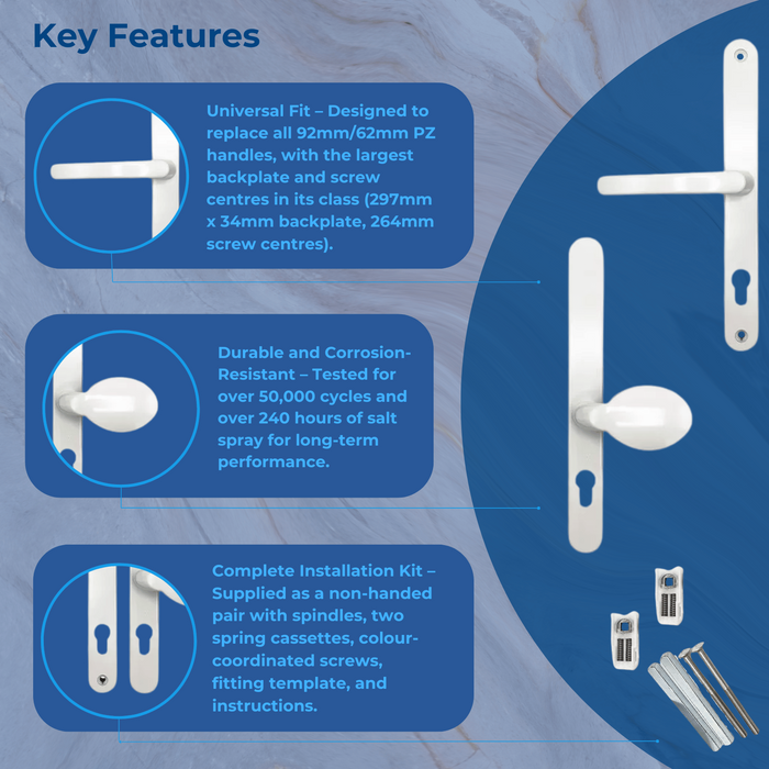 Universal Offset Lever/Pad uPVC Multipoint Door Handles – 92mm/62mm PZ – 264mm Screw Centres – Sprung