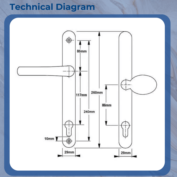 Offset Lever/Pad uPVC Multipoint Door Handles – 117mm/86mm PZ – 237mm Screw Centres – Sprung