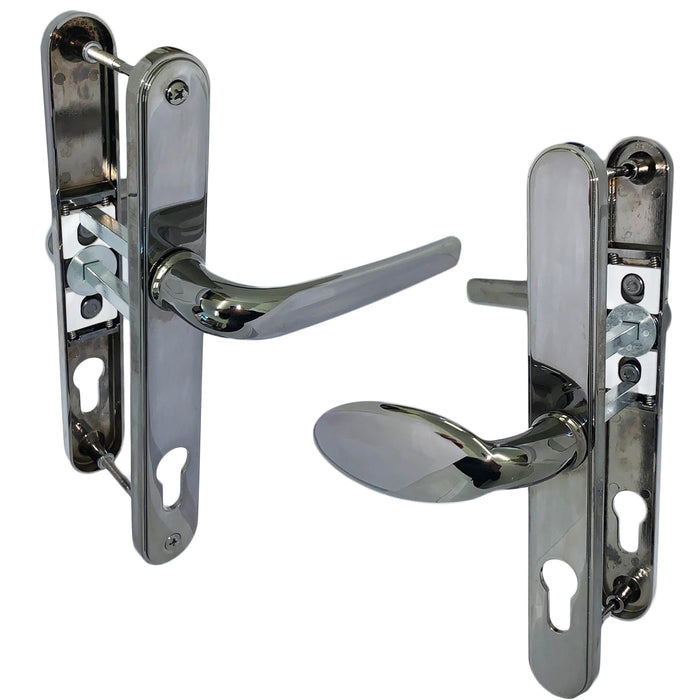 Smokey Chrome Sprung Lever Pad Offset Door Handles 92 & 62mm PZ - 210mm screws uPVC Set