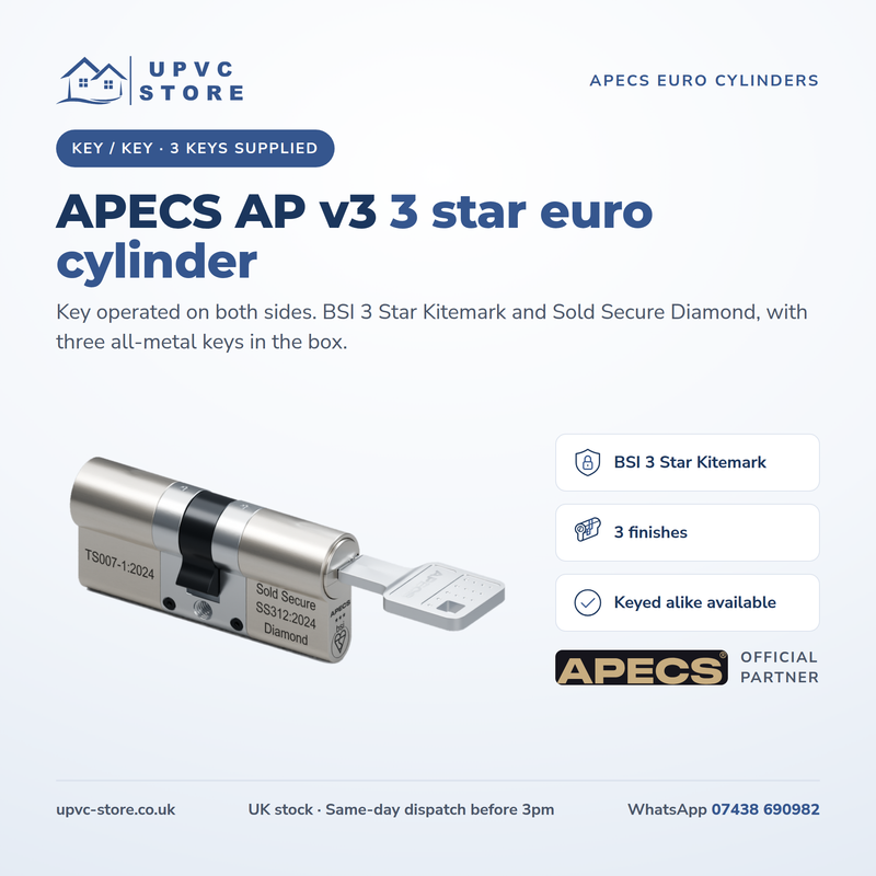 APECS AP v3 3 Star Euro Cylinder Key/Key Door Lock uPVC Composite Aluminium Timber 3 Keys