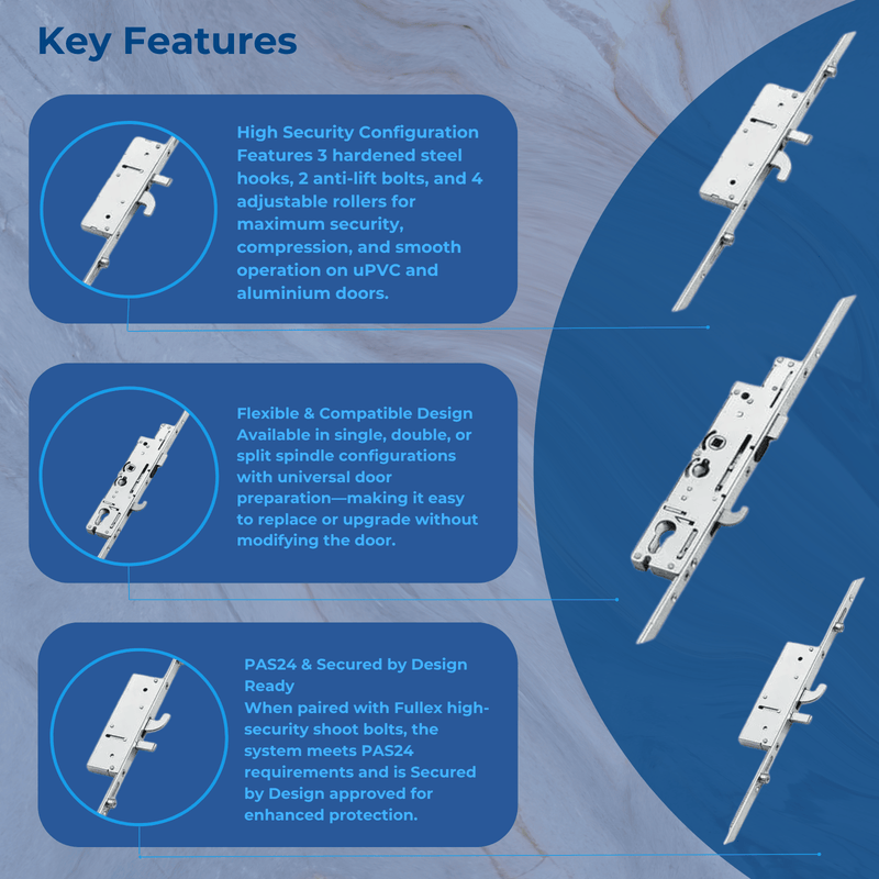 Fullex XL Multipoint Door Lock – 3 Hooks, 2 Anti-Lift Pins, 4 Rollers & Latch (721mm Top Hook to Spindle)