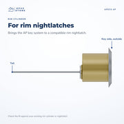 Side view of the APECS AP rim cylinder showing the key side and the tail, for compatible rim nightlatches