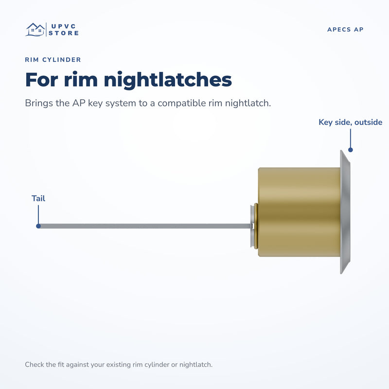 Side view of the APECS AP rim cylinder showing the key side and the tail, for compatible rim nightlatches