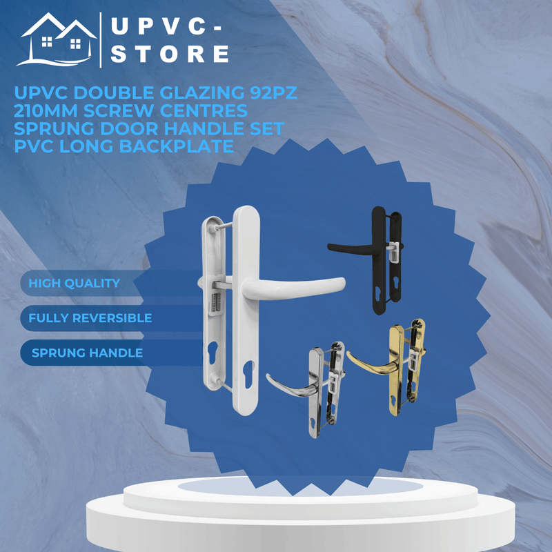 UPVC Double Glazing 92PZ 210mm Screw Centres Sprung Door Handle Set PVC Long Backplate