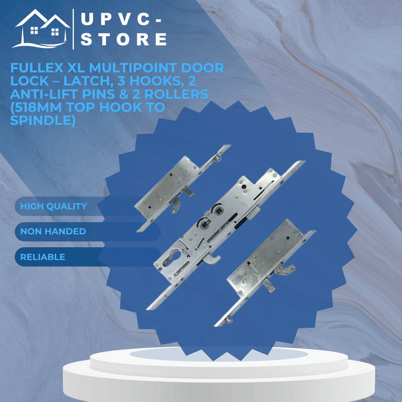 Fullex XL Multipoint Door Lock – Latch, 3 Hooks, 2 Anti-Lift Pins & 2 Rollers (518mm Top Hook to Spindle)