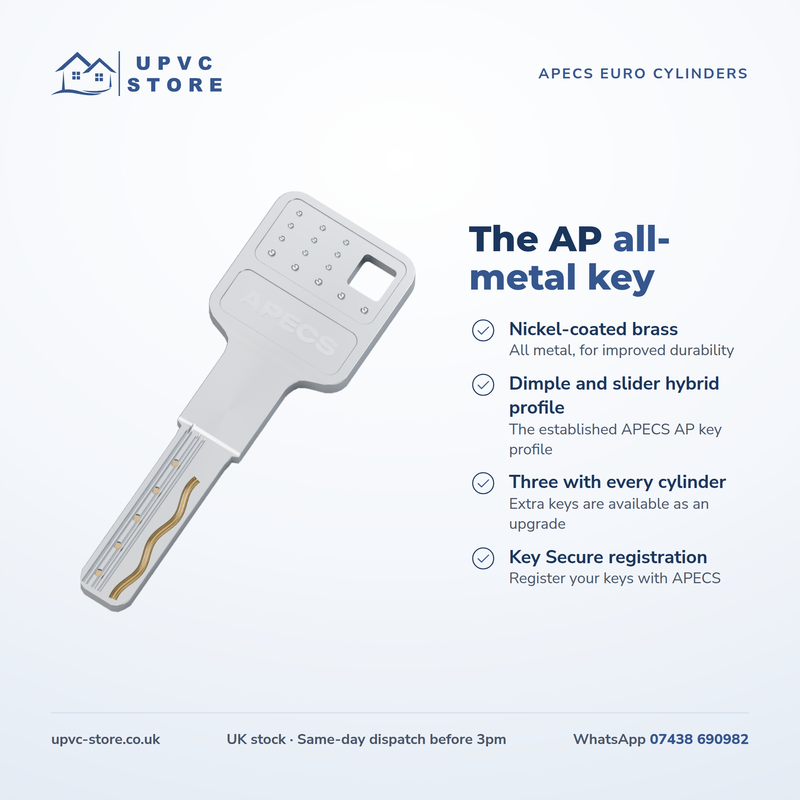 APECS AP v3 3 Star Euro Cylinder Key/Key Door Lock uPVC Composite Aluminium Timber 3 Keys