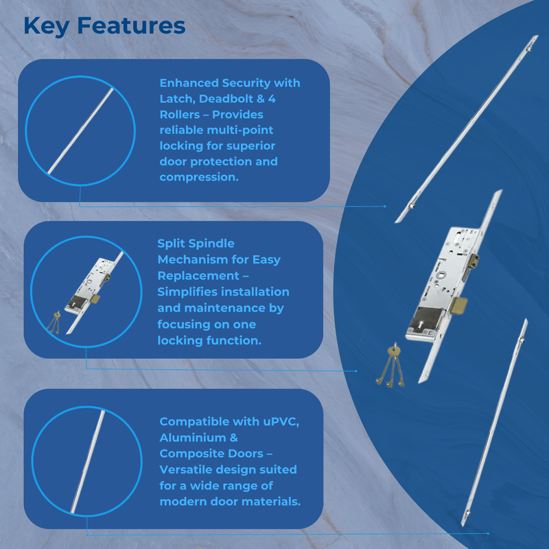 ERA Vectis Multipoint Door Lock with Latch, Deadbolt & 4 Rollers – Split Spindle Design