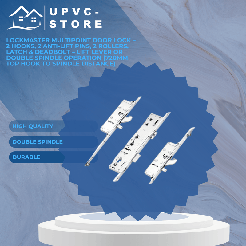 Lockmaster Multipoint Door Lock – 2 Hooks, 2 Anti-Lift Pins, 2 Rollers, Latch & Deadbolt –  Double Spindle Operation (720mm Top Hook to Spindle Distance)