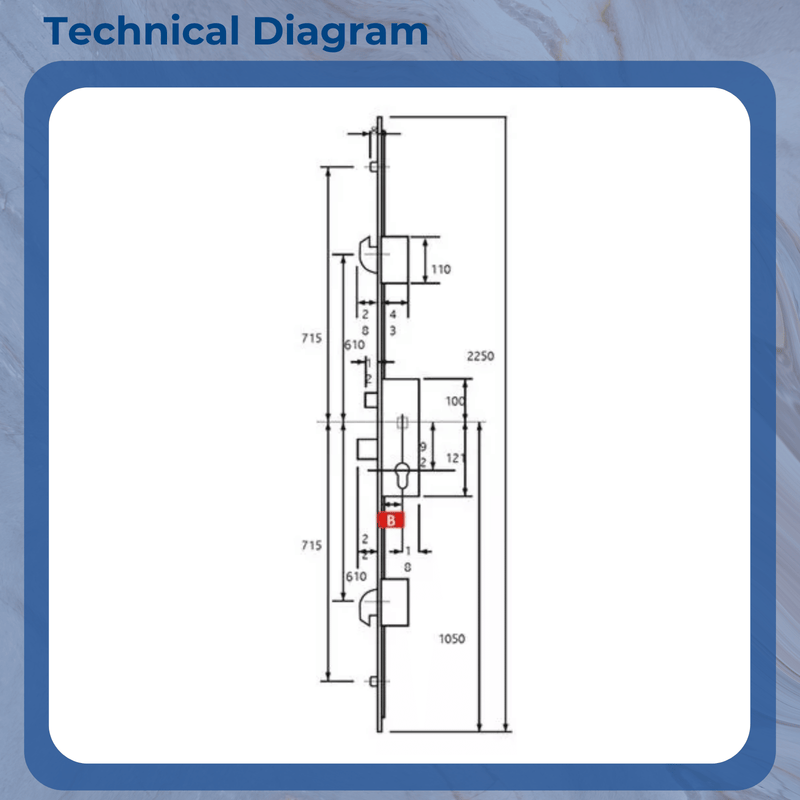 ERA Multipoint Door Lock – Split Spindle with Latch, Deadbolt, 2 Large Hooks & 2 Rollers – Option 2 (730mm Top Hook to Spindle)