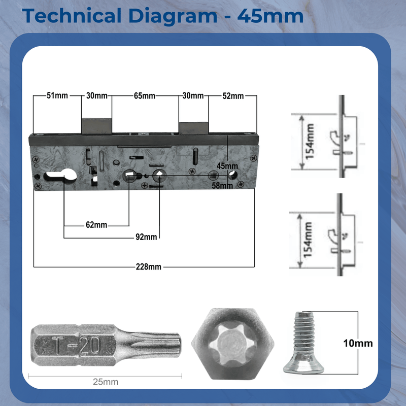 Multipoint Door Lock Refurbishment Kit – Double Spindle with 2 Anti-Lift Hooks - 35mm or 45mm Backset – Multipoint Lock Repair Set