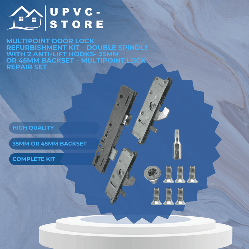 Multipoint Door Lock Refurbishment Kit – Double Spindle with 2 Anti-Lift Hooks - 35mm or 45mm Backset – Multipoint Lock Repair Set