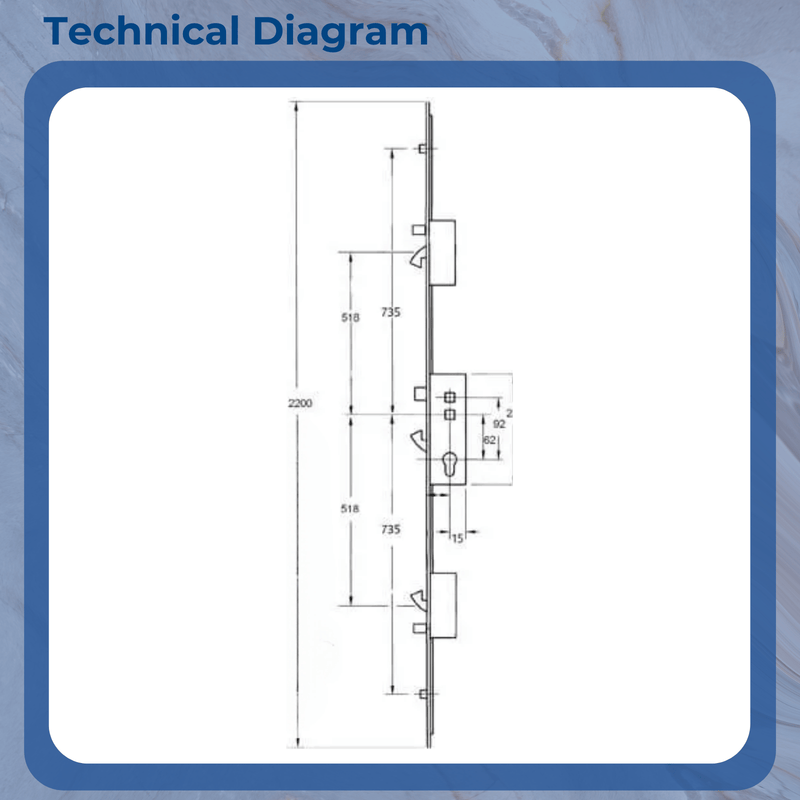 Fullex XL Multipoint Door Lock – Latch, 3 Hooks, 2 Anti-Lift Pins & 2 Rollers (518mm Top Hook to Spindle)