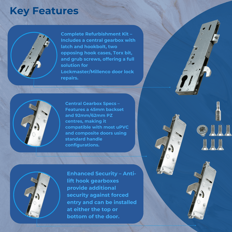 Lockmaster Millenco Upvc Gearbox Door Lock Hook Night Latch 45mm Backset- Mila Anti-Lift Hook Door Lock Refurbishment Kit