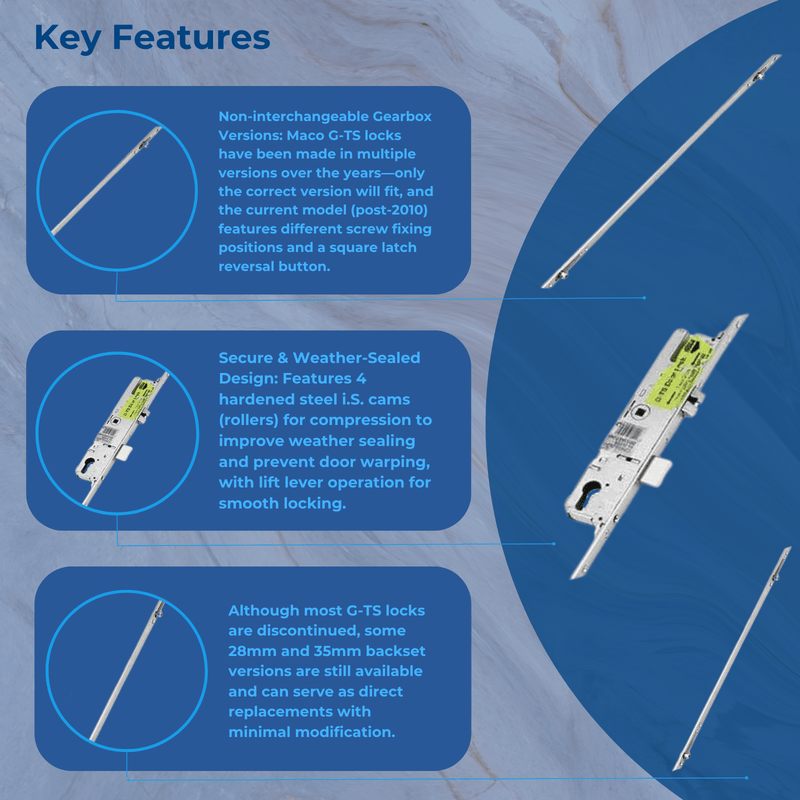 Maco Multipoint Door Lock – Lift Lever Operation with Latch, Deadbolt & 4 Mushroom Cams