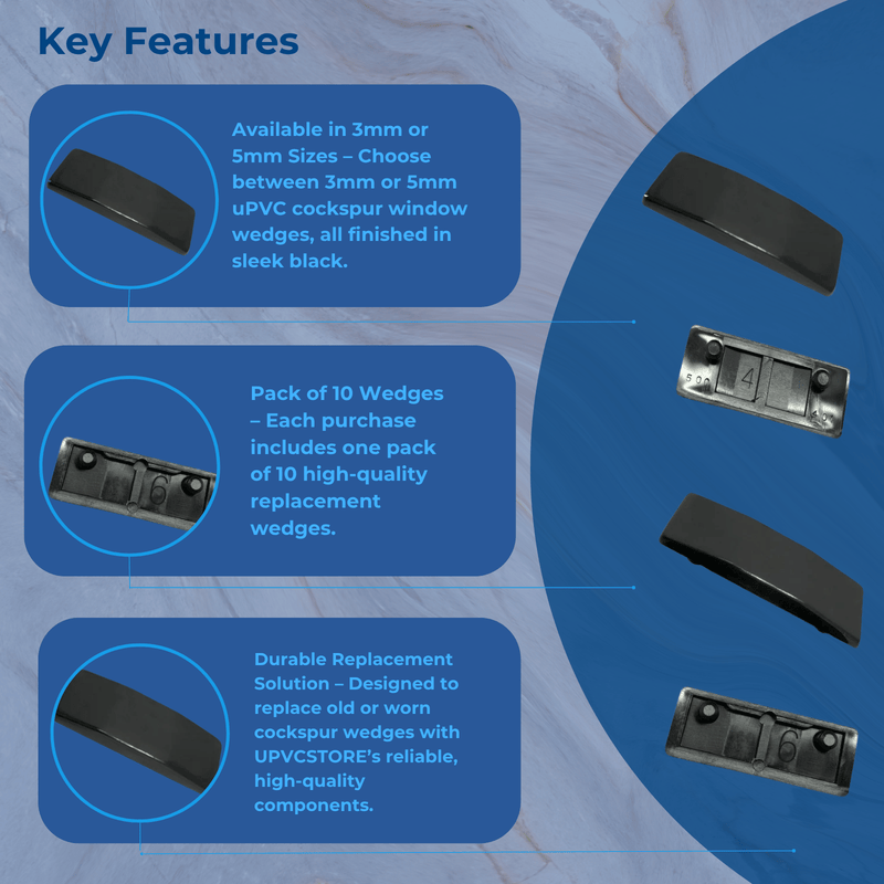 UPVC Cockspur Wedge Packs of 10 - 3mm, 5mm Wedges included - Black- Branded