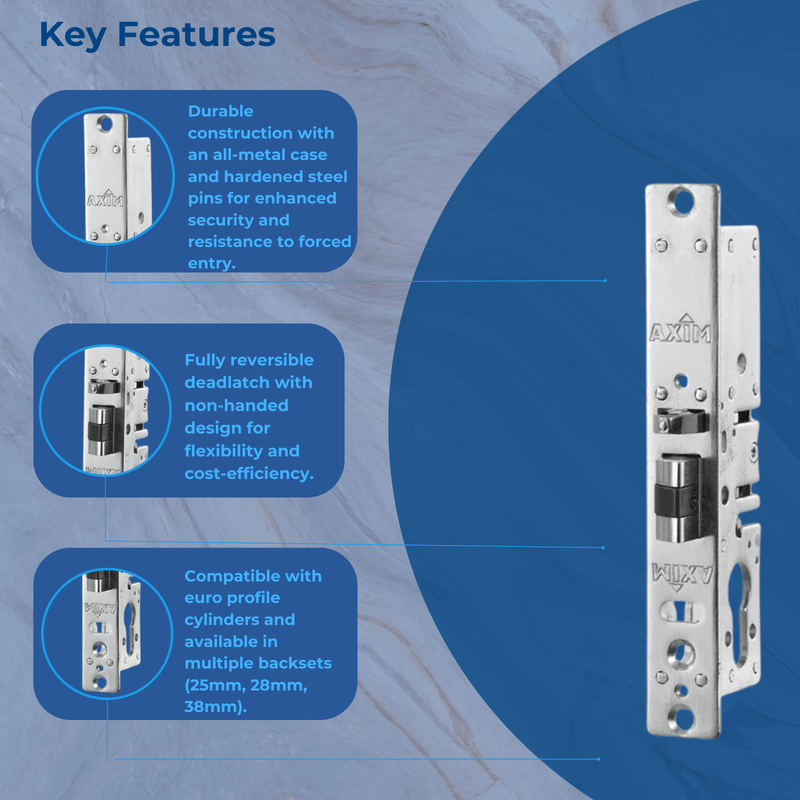Axim LK2100 Reversible Deadlatch aluminium door deadlatch 25mm 28mm 38mm euro profile