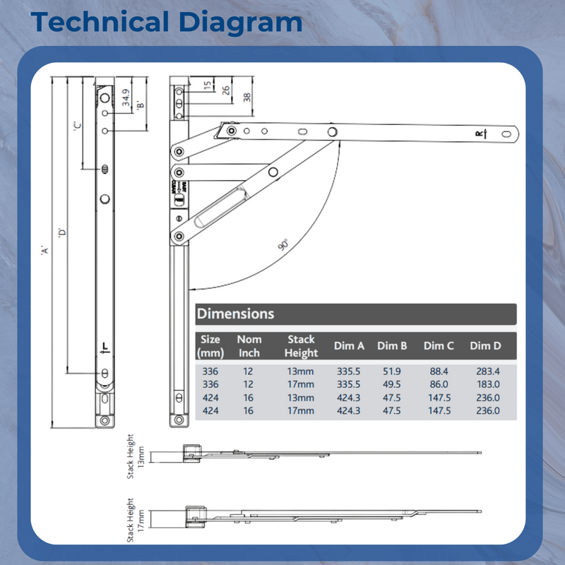 Horizon Egress Window Friction Stay Hinges True 90 Degree- 12" & 16" kits