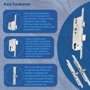 GU Europa Multipoint Door Lock – Latch, Deadbolt, 2 Tongue Hooks, Lift Lever Operation