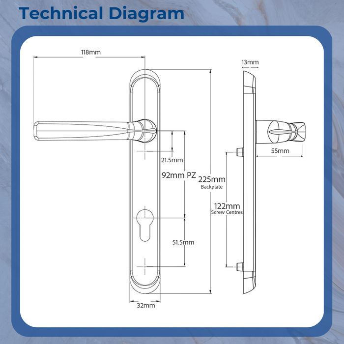 Direkt Door Handle 122mm Screw Centres, 92PZ Sprung