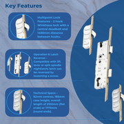 Winkhaus Cobra Latch, Deadbolt, 2 Hooks, 28/35/45/55mm Backset