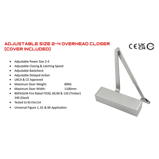 Adjustable Size 2-4 Overhead Door Closer (With Cover) Adjustable Backcheck & Delayed Action BS EN1634 Fire Rated
