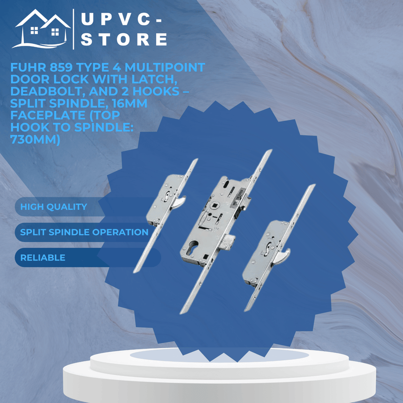 Fuhr 859 Type 4 Multipoint Door Lock with Latch, Deadbolt, and 2 Hooks – Split Spindle, 16mm Faceplate (Top Hook to Spindle: 730mm)