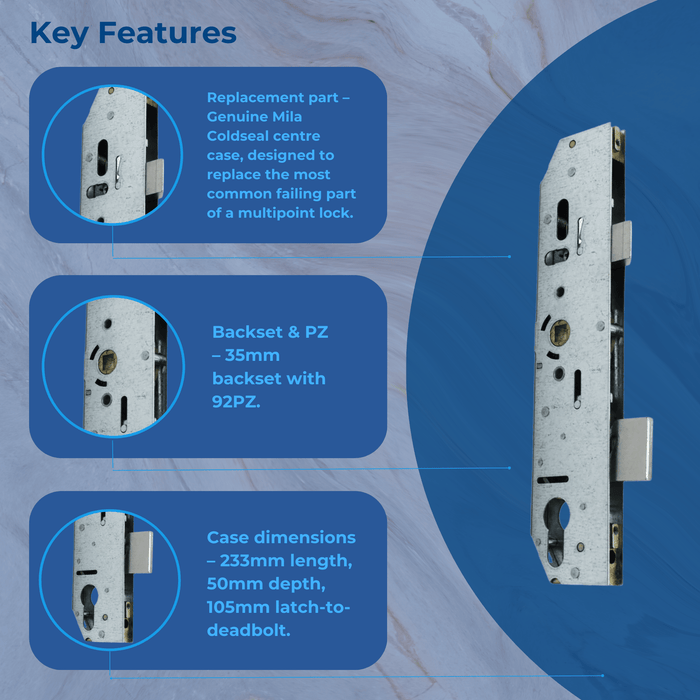 Mila Coldseal Replacement uPVC Gear Box Door Lock Centre Case 35mm Backset
