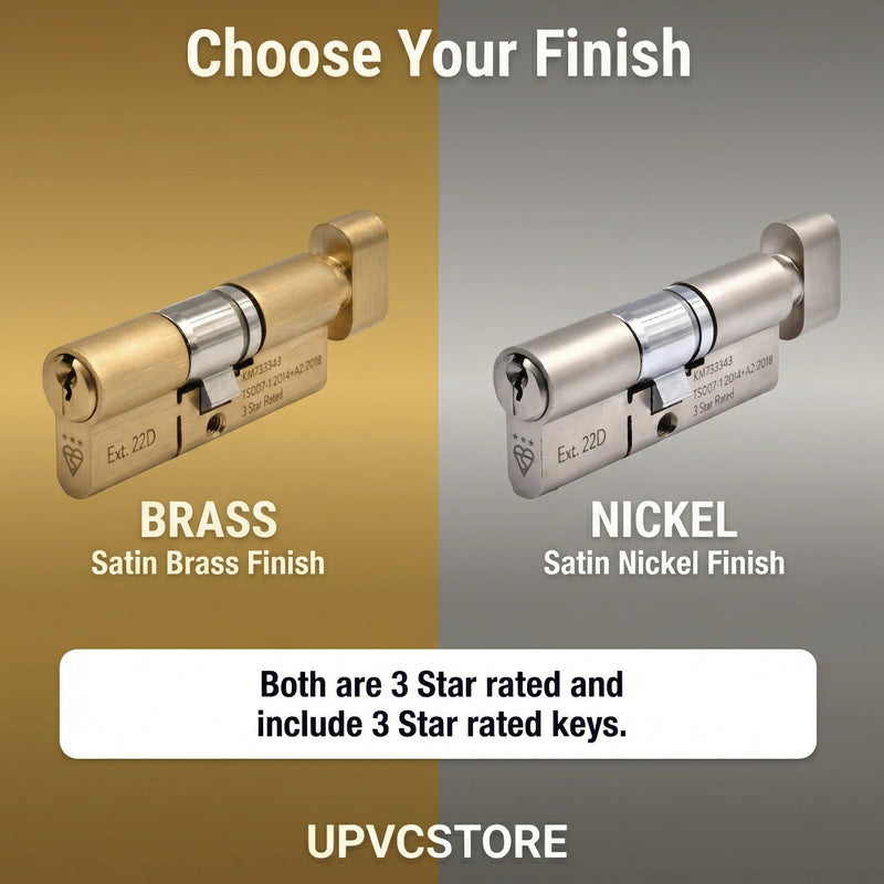 Satin Brass and Satin Nickel thumbturn cylinder finish comparison