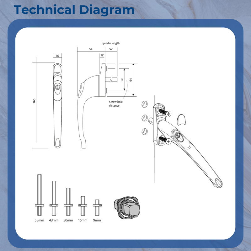 uPVC Universal Inline Window Handle 9mm 15m, 30mm 43mm 55mm Spindle Locking Espag Double Glazing Replacement
