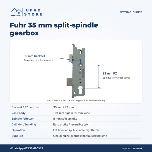 Fuhr 35mm split-spindle gearbox fitting guide: 35mm backset, 92mm centres and 194 by 50mm case
